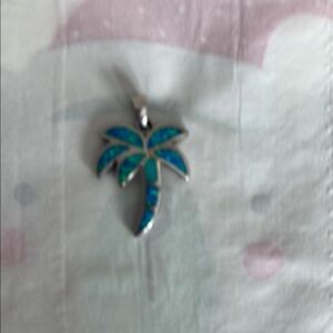 925  Silver Palm Tree Pendant with Blue Opal Highlights